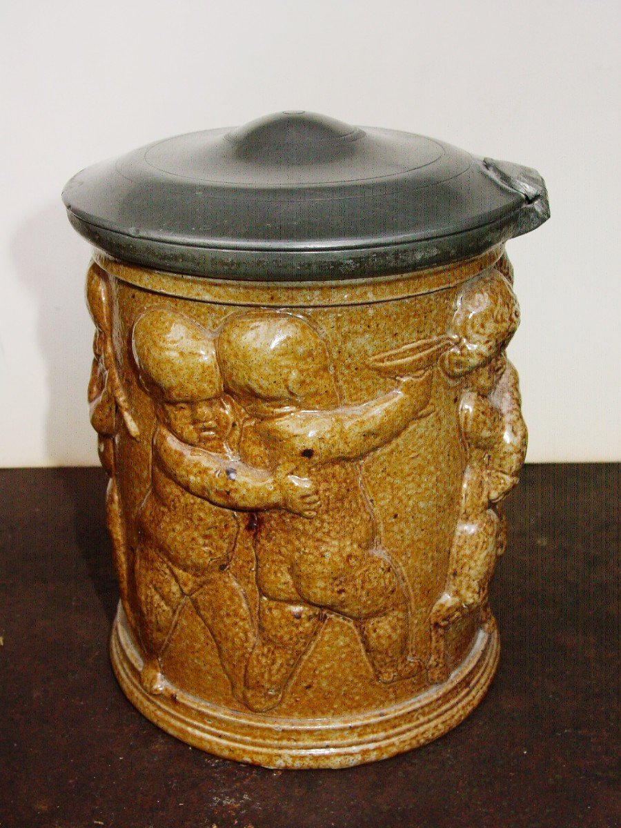 Tobacco Pot Stoneware Beauvaisis Decor Rotating Putti Playing-photo-4