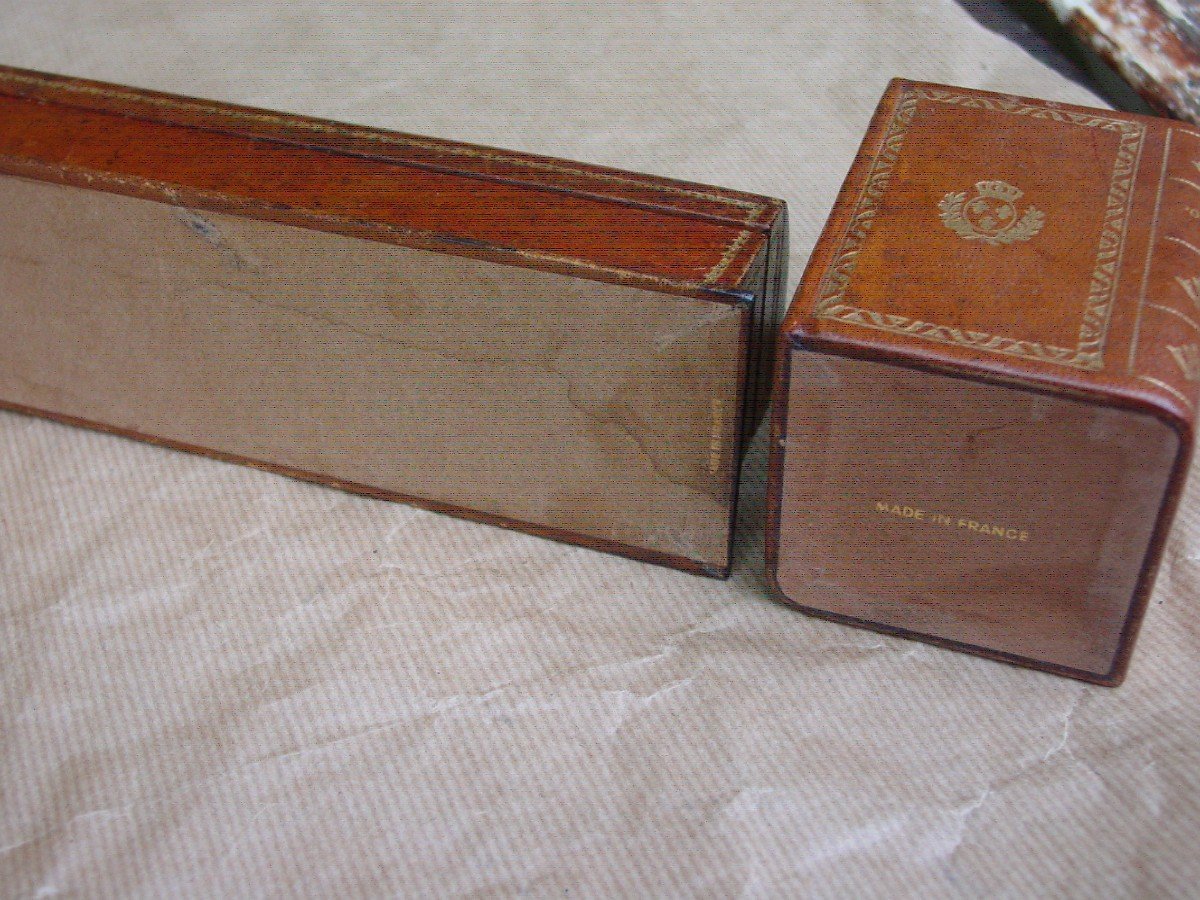 2 Porte- Stylos Cuir Gainé De Garniture de bureau C. 1960 Louis XIV-photo-4