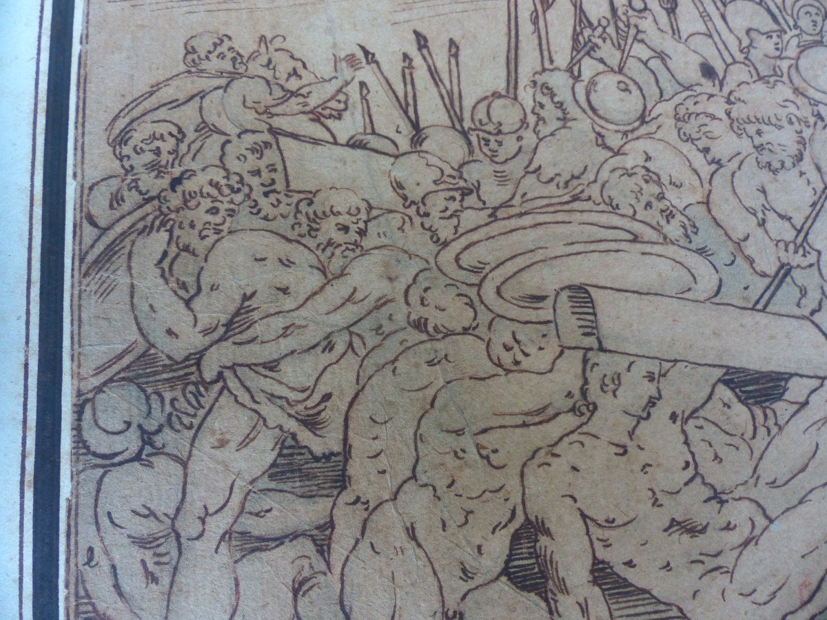 Dessin Ancien 17ème siècle signé scène de bataille de l'antiquité Grèce Babylone Greek Rome-photo-1
