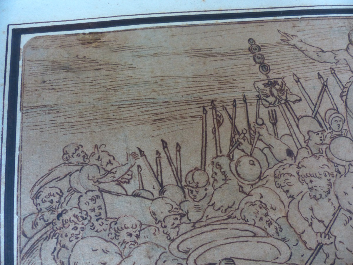 Dessin Ancien 17ème siècle signé scène de bataille de l'antiquité Grèce Babylone Greek Rome-photo-2