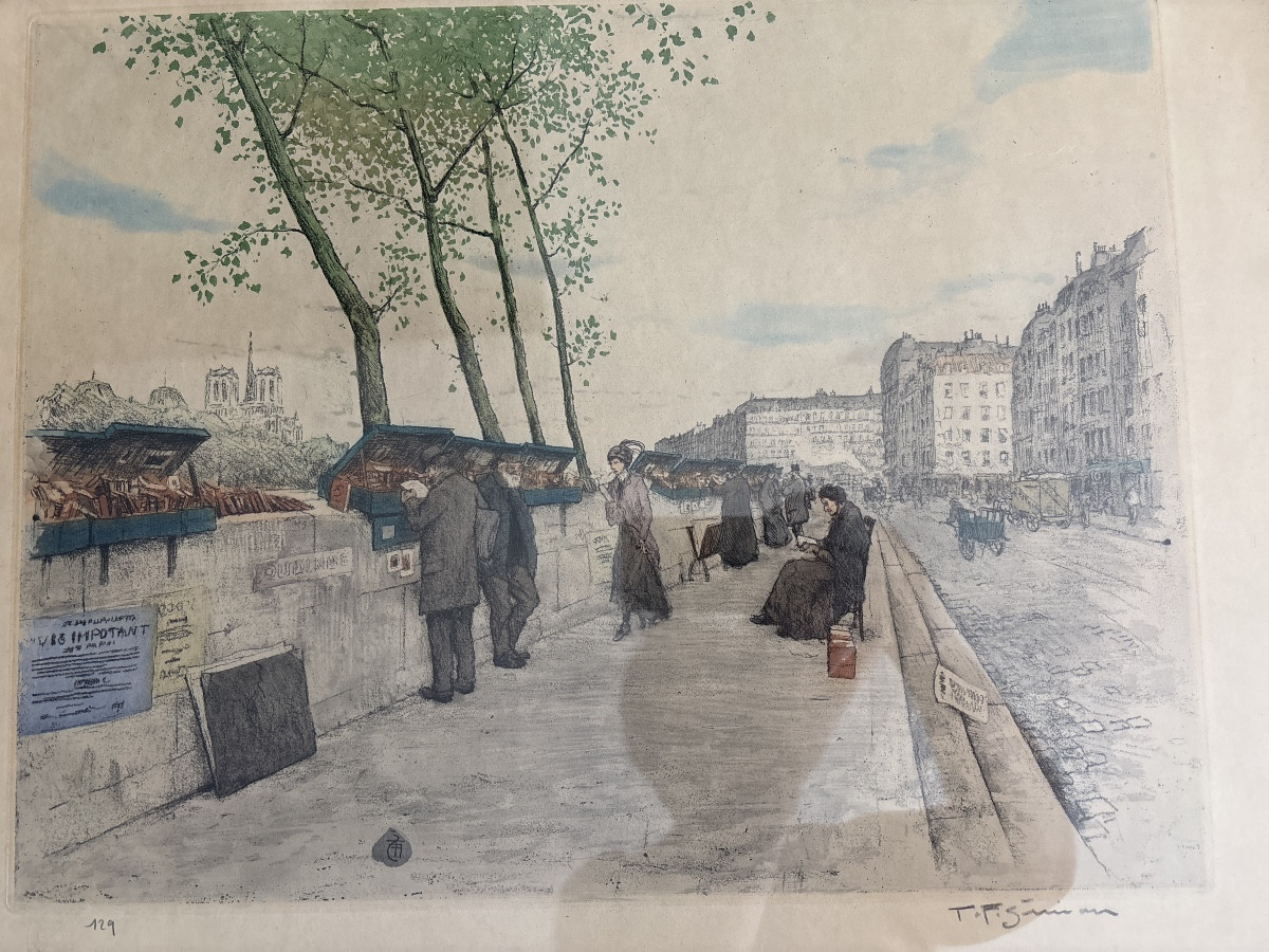 Aquatint Paris Tarik Frantisek Simon (1877-1942) Second-hand Booksellers On The Quays Of Notre Dame-photo-2