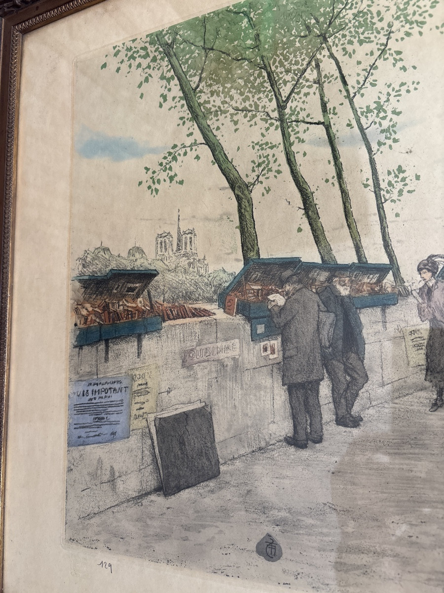 Aquatint Paris Tarik Frantisek Simon (1877-1942) Second-hand Booksellers On The Quays Of Notre Dame-photo-4