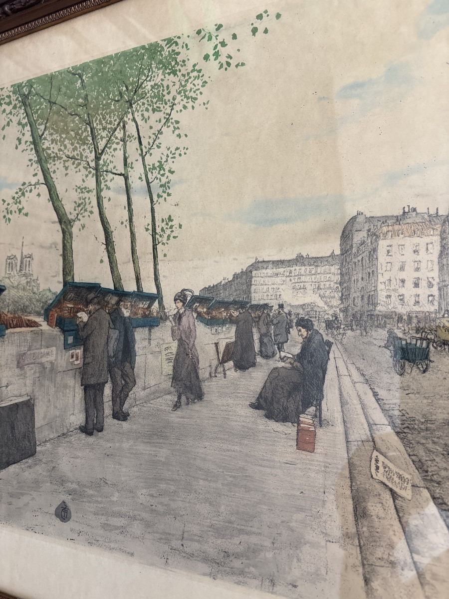 Aquatint Paris Tarik Frantisek Simon (1877-1942) Second-hand Booksellers On The Quays Of Notre Dame-photo-7