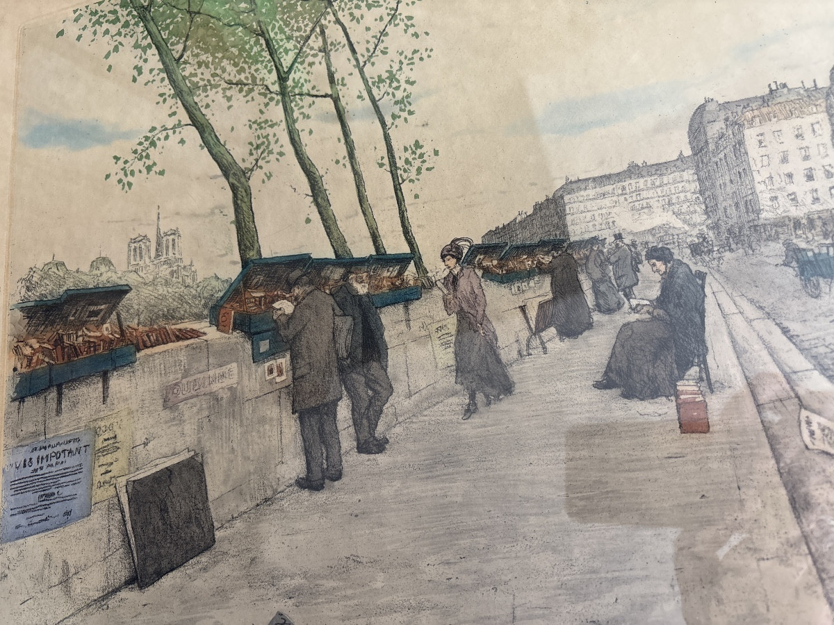 Aquatint Paris Tarik Frantisek Simon (1877-1942) Second-hand Booksellers On The Quays Of Notre Dame-photo-1