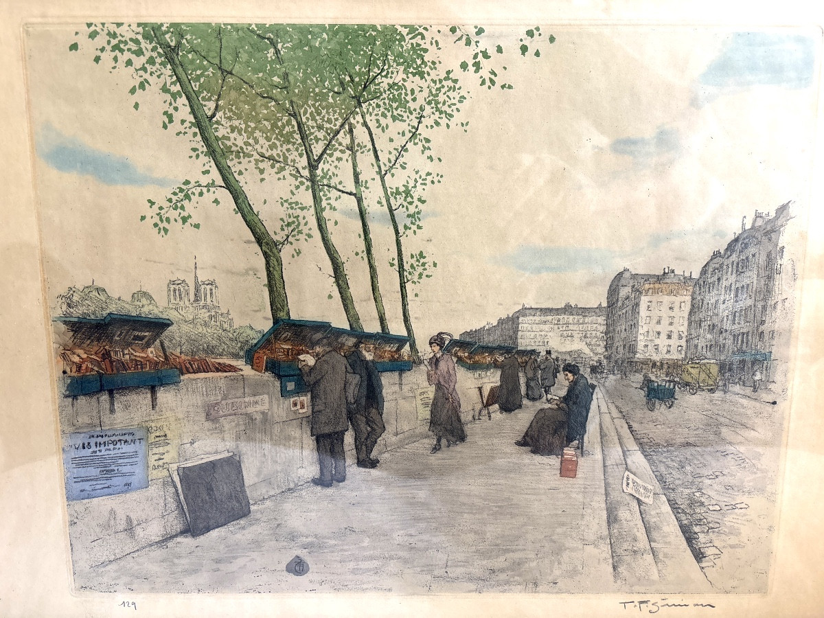 Aquatint Paris Tarik Frantisek Simon (1877-1942) Second-hand Booksellers On The Quays Of Notre Dame