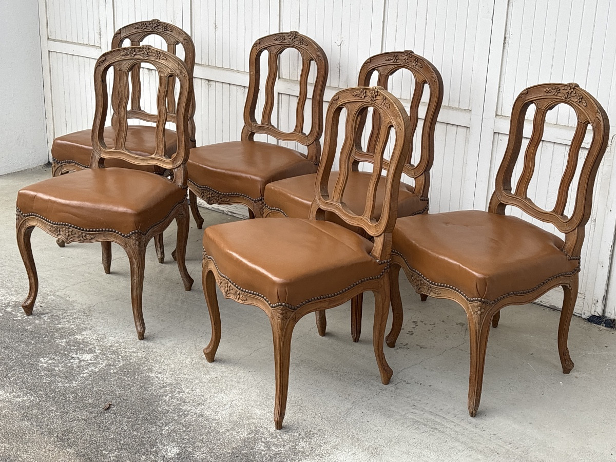Six Chaises Louis XV 19eme dessus cuir restaurées 