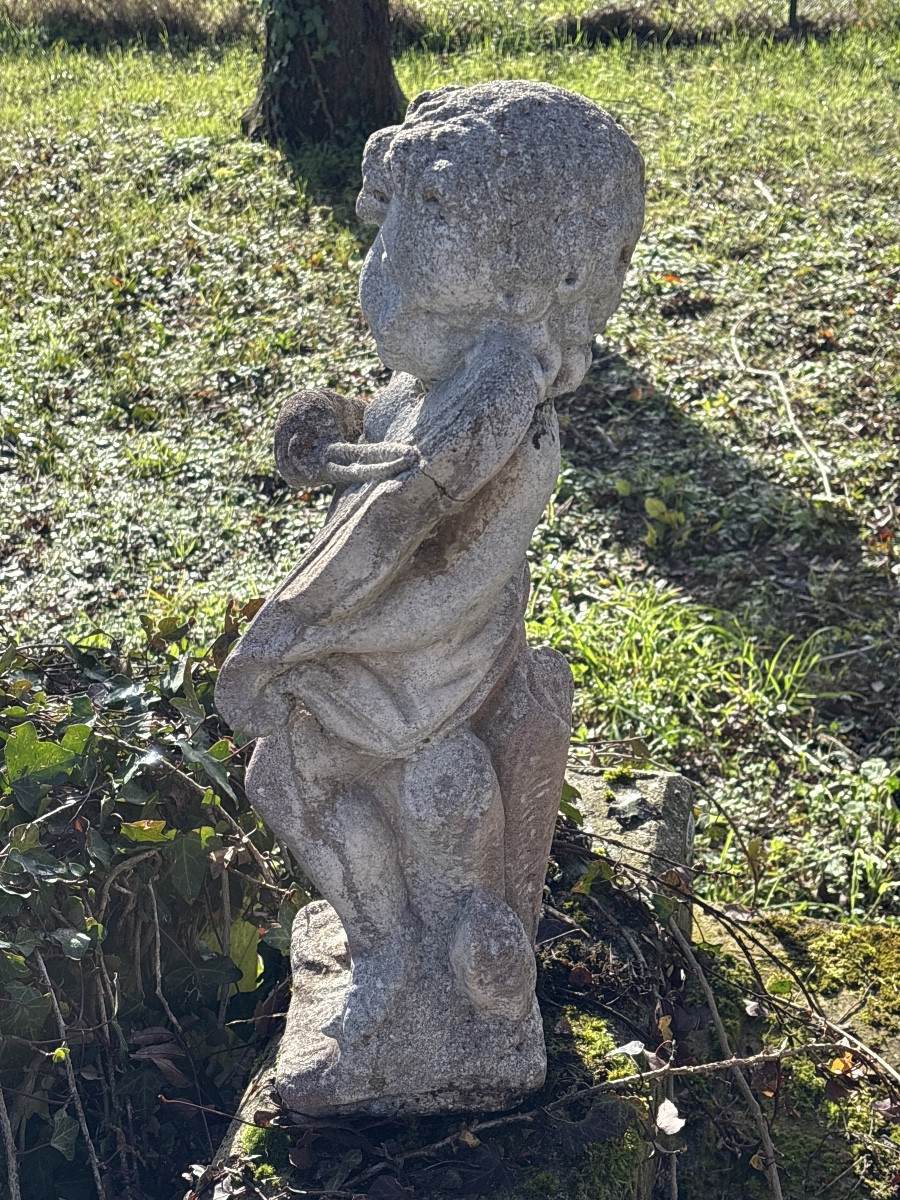 Statue Of Cupid, Putto Musician, Reconstituted Stone, Circa 1950-photo-2