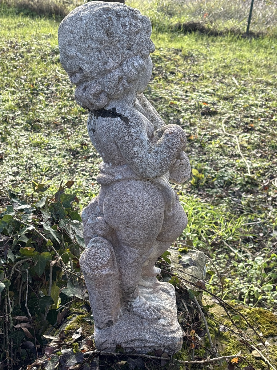Statue Of Cupid, Putto Musician, Reconstituted Stone, Circa 1950-photo-4