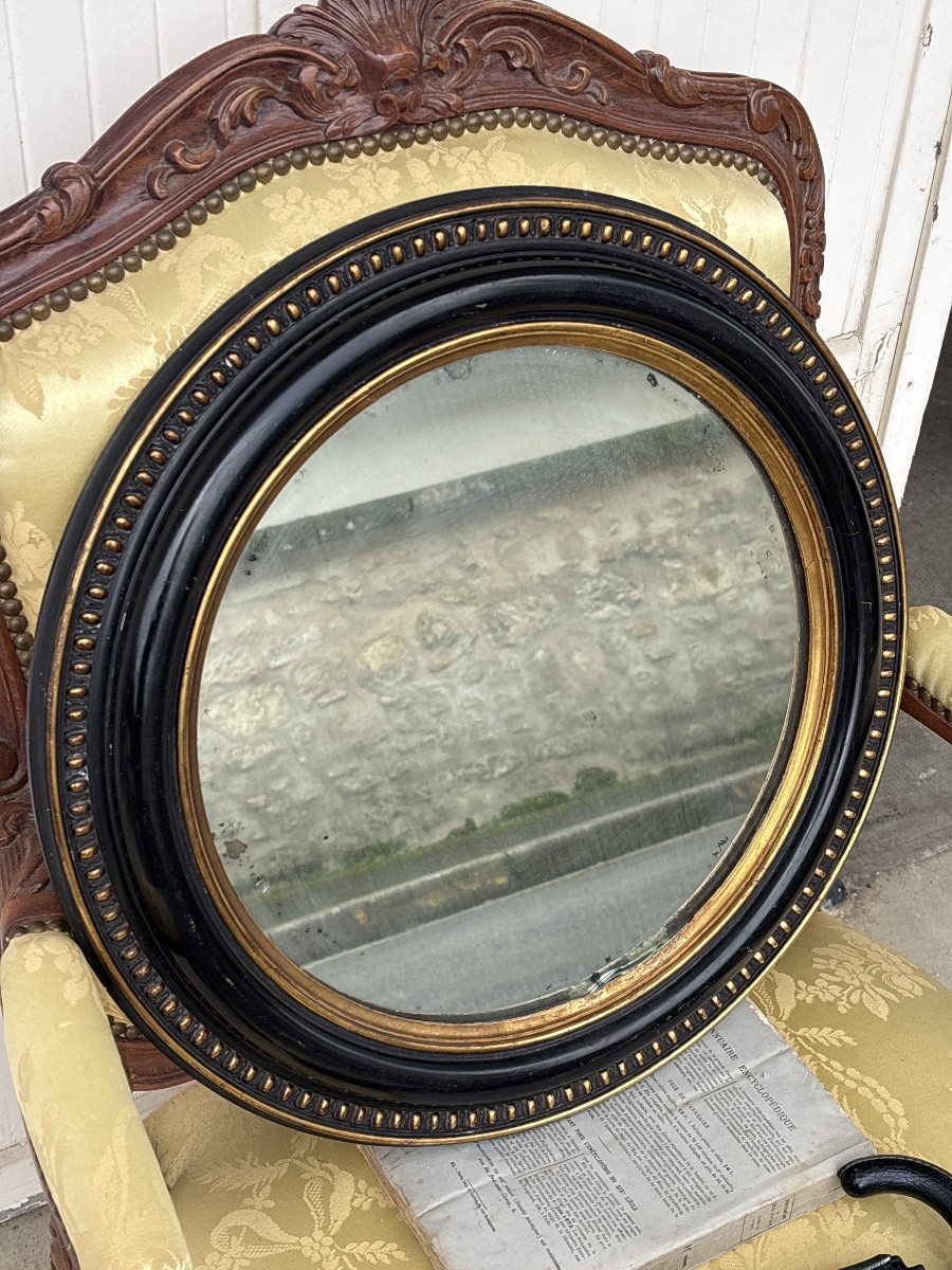 Round Oculus Mirror, Late 19th Century, Napoleon III Period, Mercury Glass -photo-2