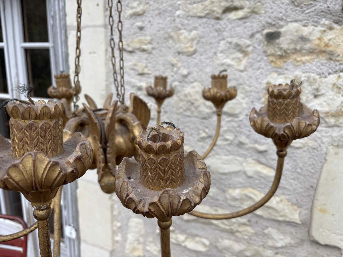 Lustre Bois Doré Style Empire décor Aux  Cygnes -photo-1