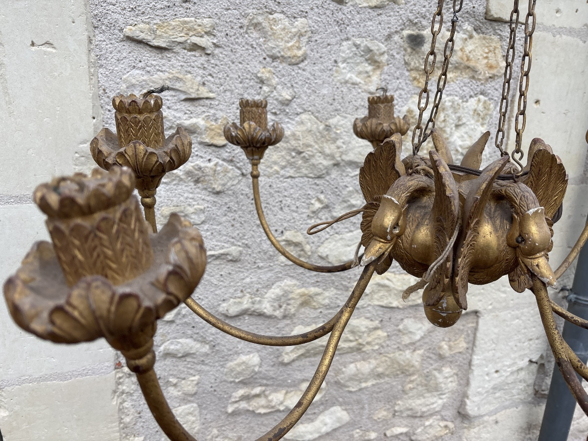 Lustre Bois Doré Style Empire décor Aux  Cygnes -photo-2