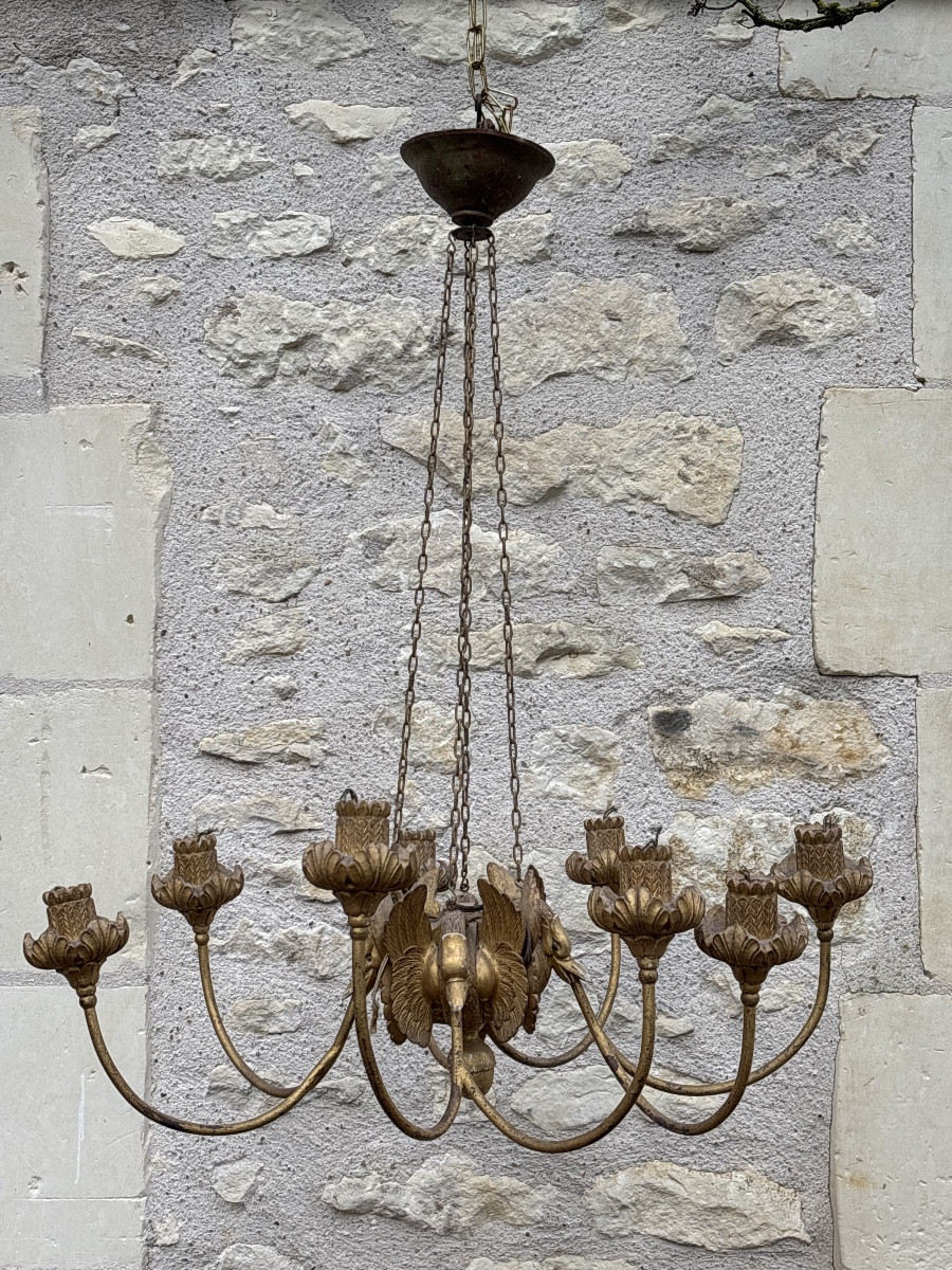 Lustre Bois Doré Style Empire décor Aux  Cygnes 
