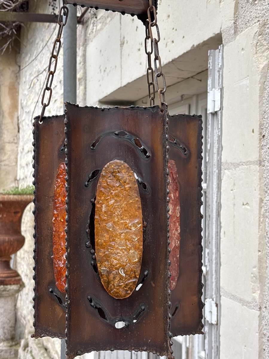 Accolay Lanterne Lustre en Cuivre Patiné et Résine Fractale -photo-2