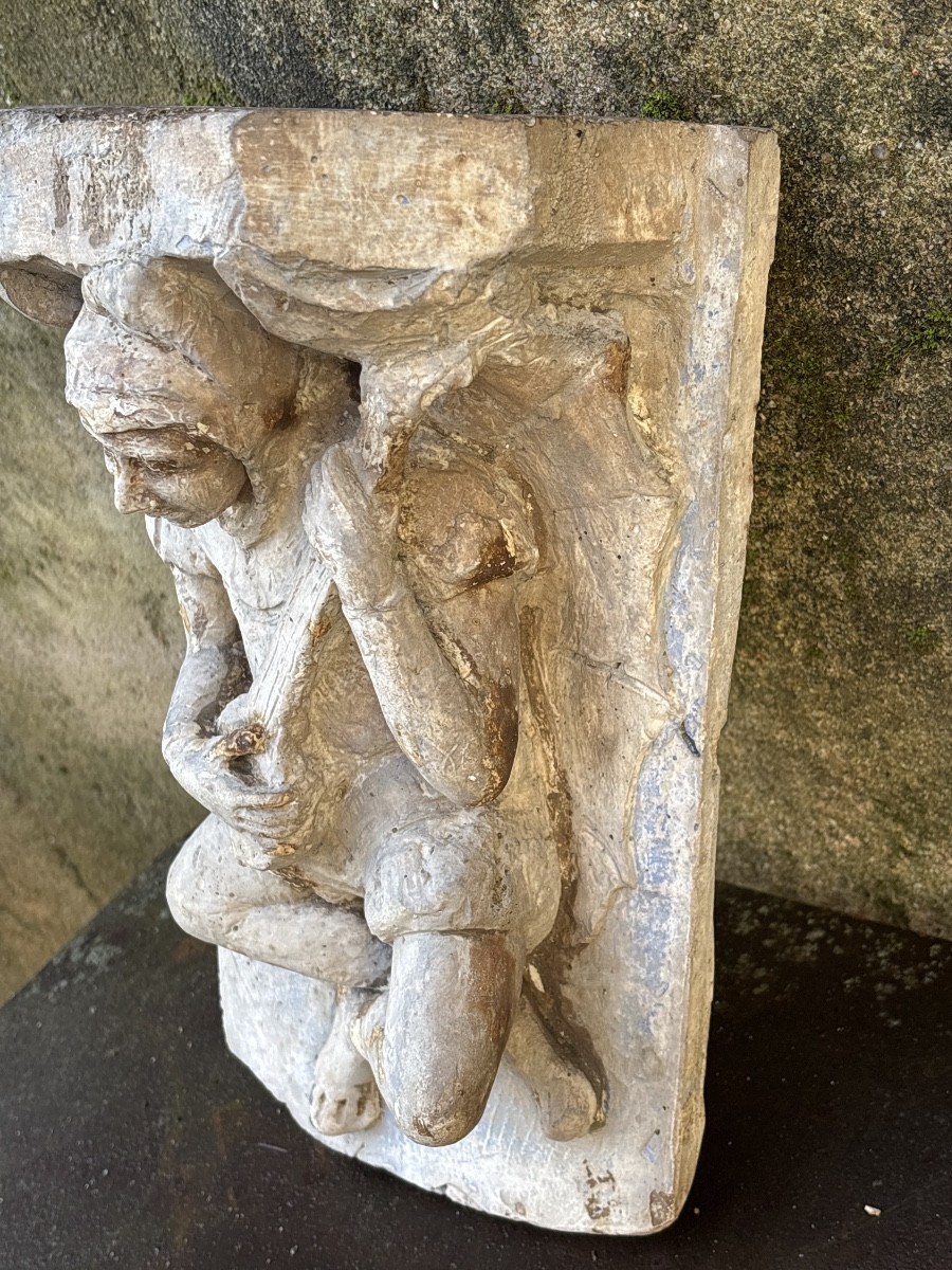 Renaissance Style Troubadour Wall Console, Stucco, Circa 1900, Lamp Base -photo-1