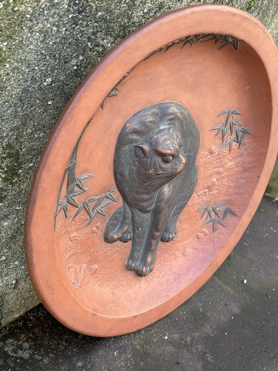 Japanese Earthenware Plate, 19th Century, Cat And Tiger Decoration -photo-4