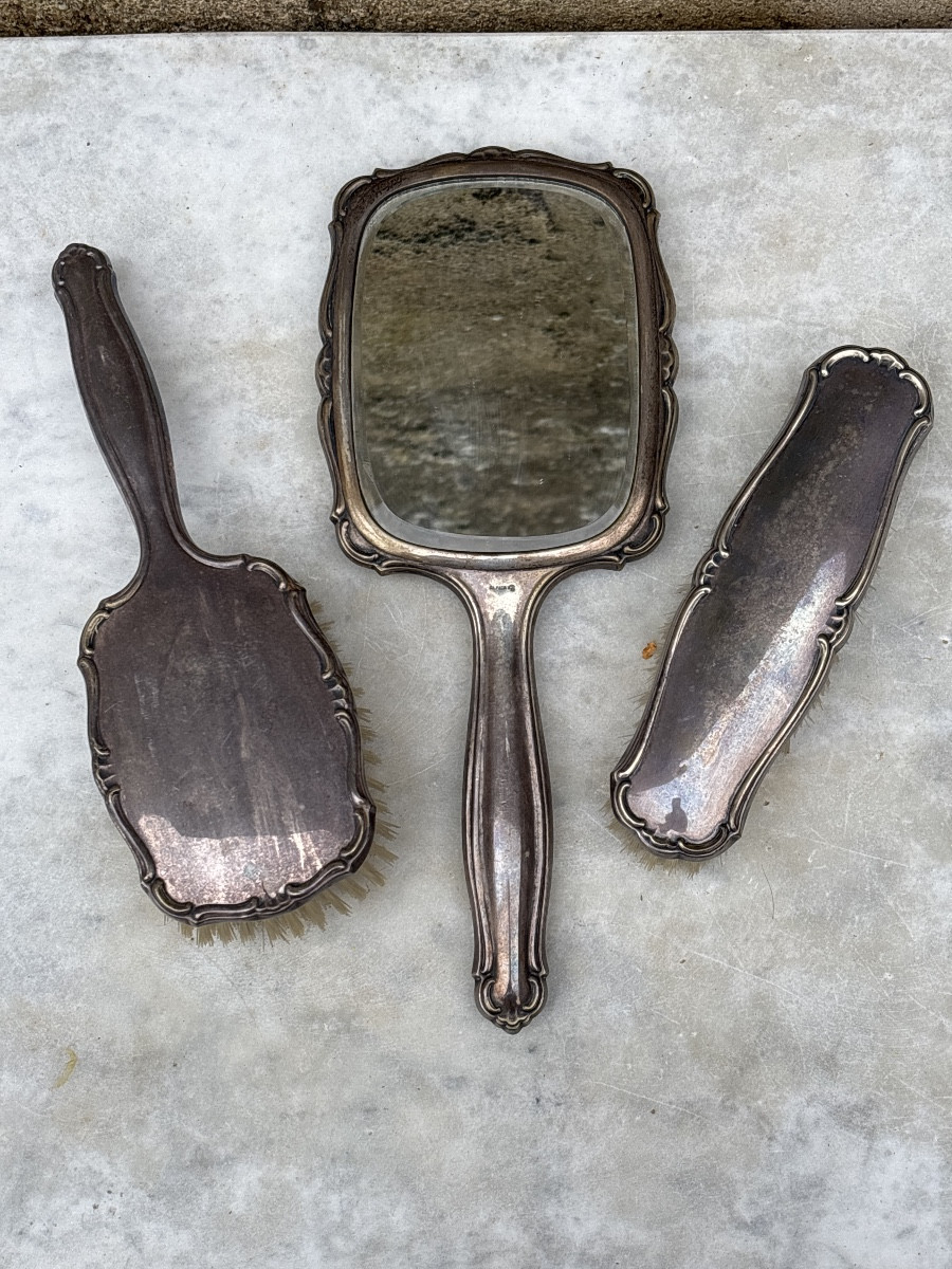 Hand Mirror And Its Two Silver Metal Brushes 