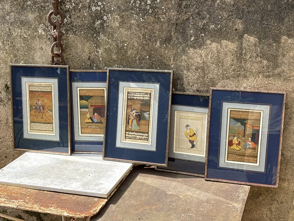 5 Miniatures Indiennes du 19 eme minutieusement encadrées vers 1975 