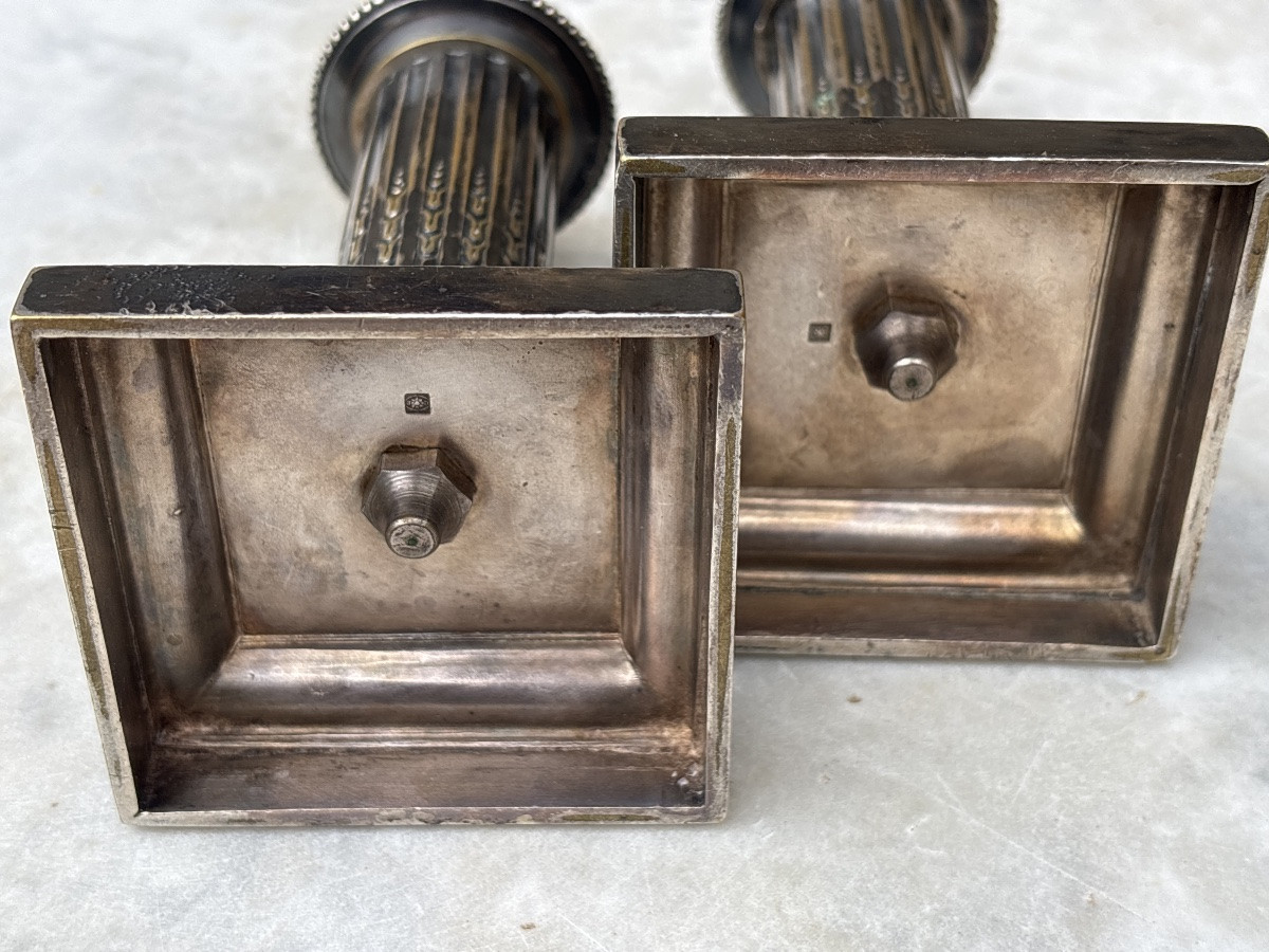 Pair Of Louis XVI Style Silver Bronze Candlesticks à La Financière-photo-3