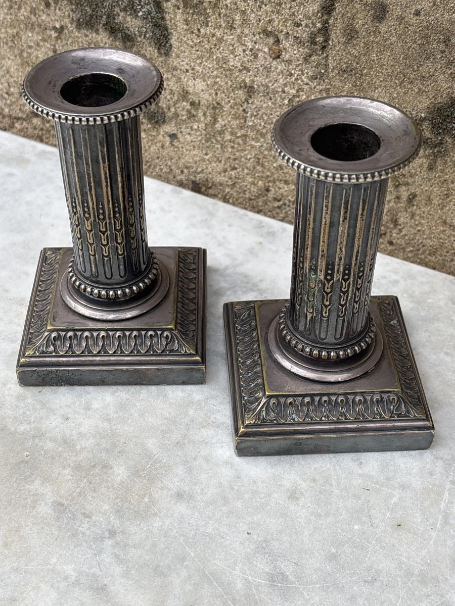 Pair Of Louis XVI Style Silver Bronze Candlesticks à La Financière-photo-1