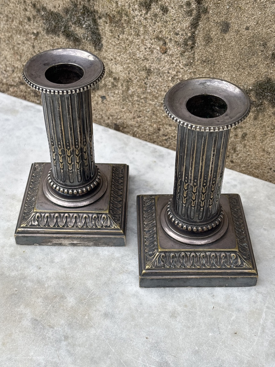Pair Of Louis XVI Style Silver Bronze Candlesticks à La Financière-photo-2