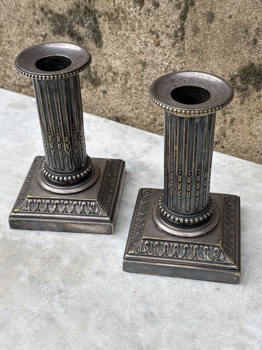 Pair Of Louis XVI Style Silver Bronze Candlesticks à La Financière-photo-4