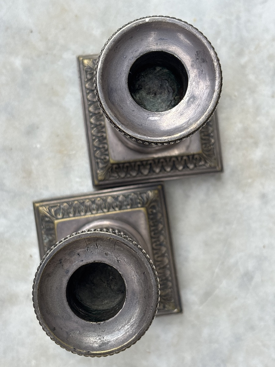 Pair Of Louis XVI Style Silver Bronze Candlesticks à La Financière-photo-5