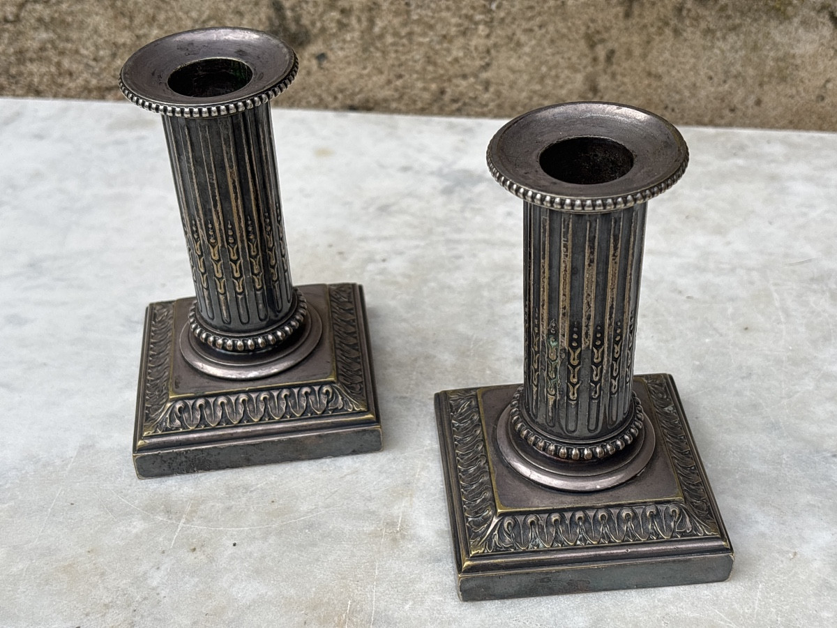 Pair Of Louis XVI Style Silver Bronze Candlesticks à La Financière