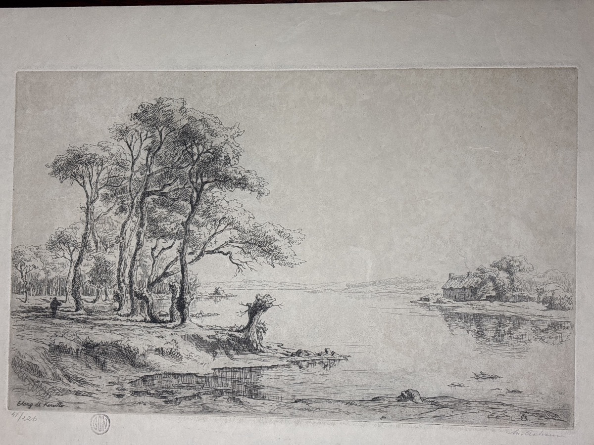Maurice V. Acheter (1881–1963), Signed Etching With Stamp: Kervilio Pond, Morbihan 
