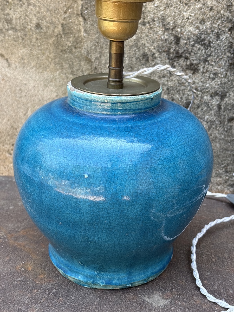 Vase bleu craquelé Persan monté en lampe vers 1930. -photo-2