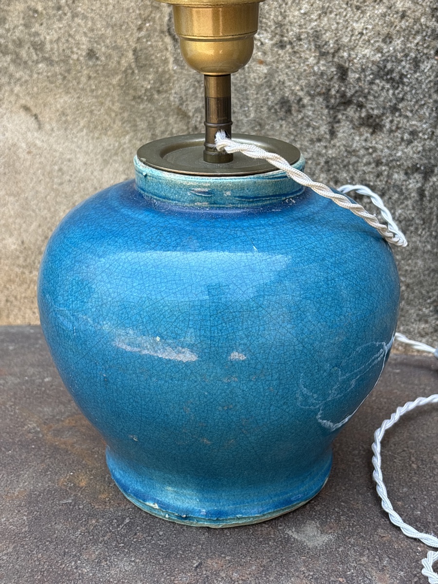 Vase bleu craquelé Persan monté en lampe vers 1930. -photo-3