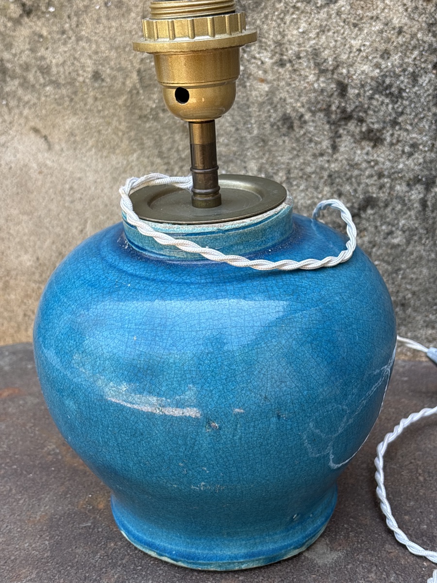 Vase bleu craquelé Persan monté en lampe vers 1930. -photo-4