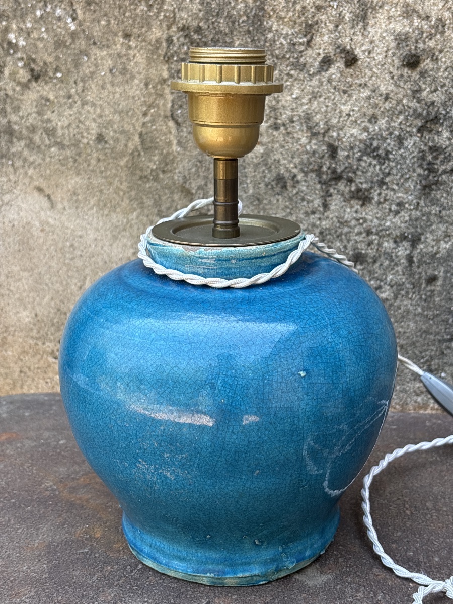 Vase bleu craquelé Persan monté en lampe vers 1930. -photo-1