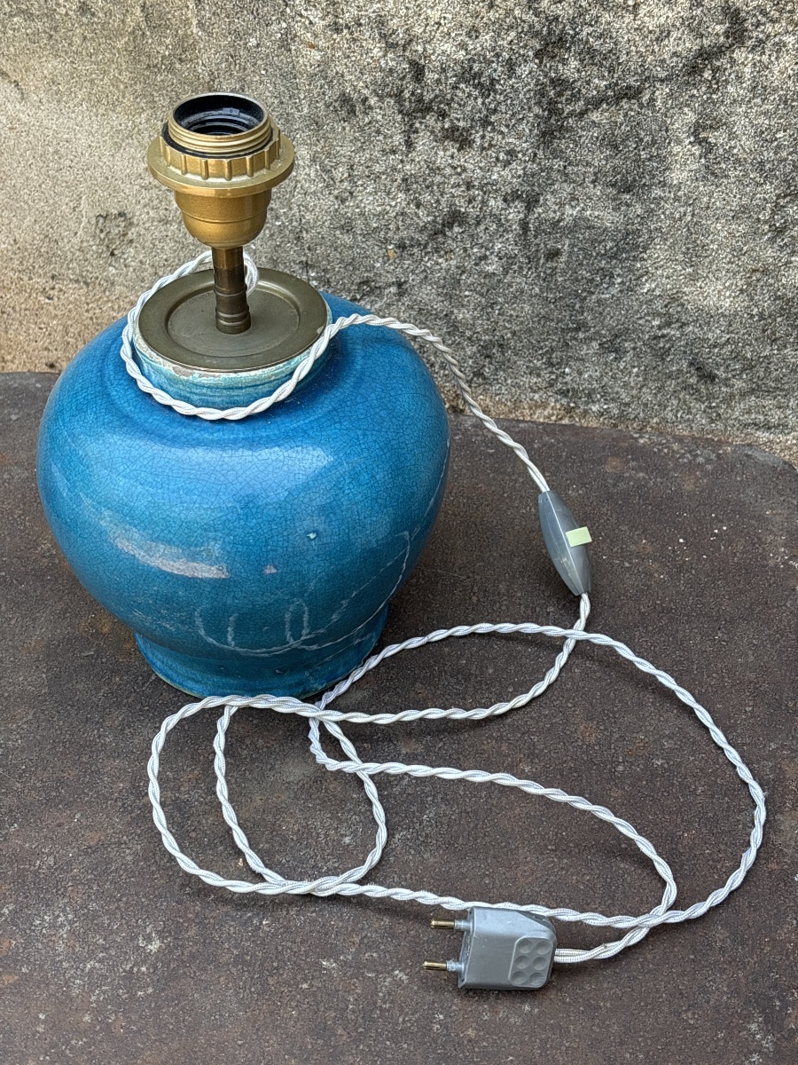 Vase bleu craquelé Persan monté en lampe vers 1930. -photo-2
