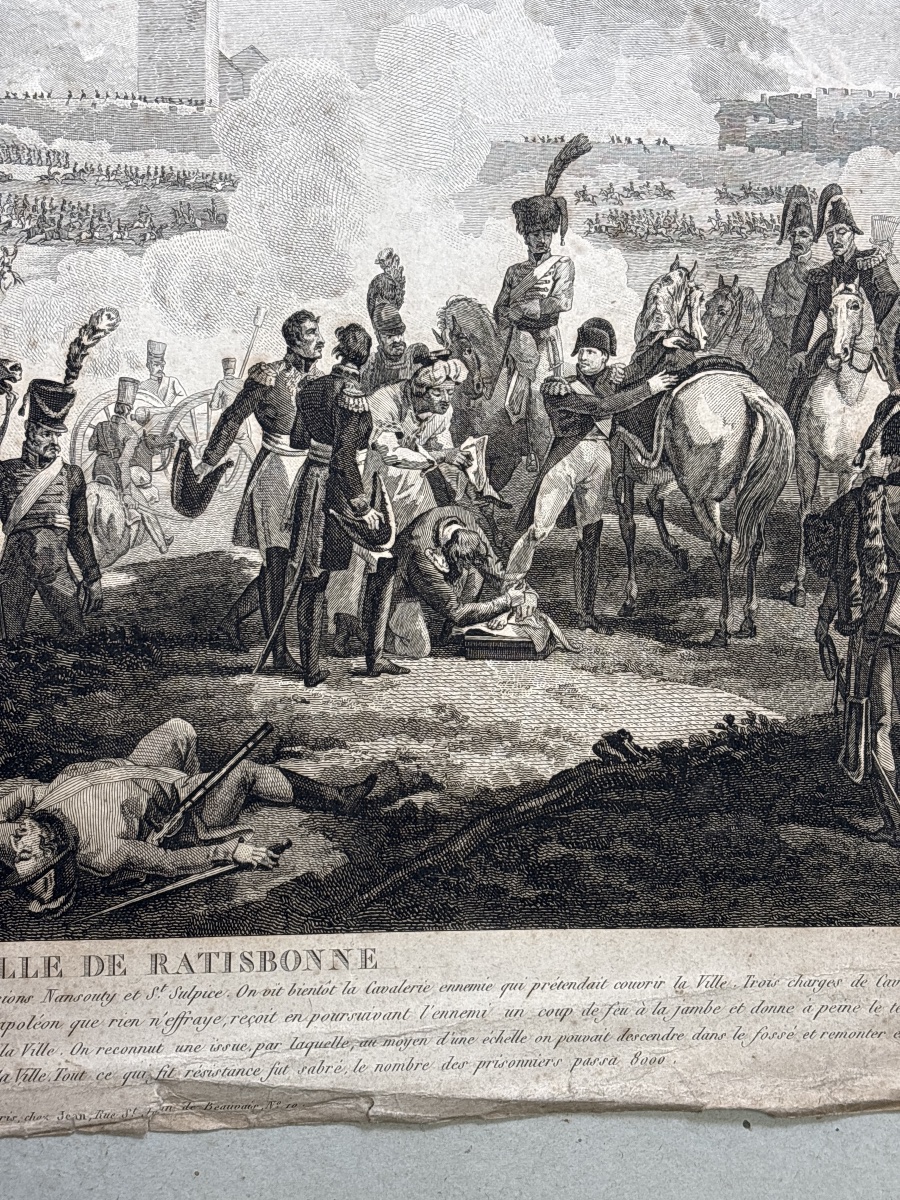 Napoleon: Battle Of Regensburg, 1809—empire-era Engraving-photo-1