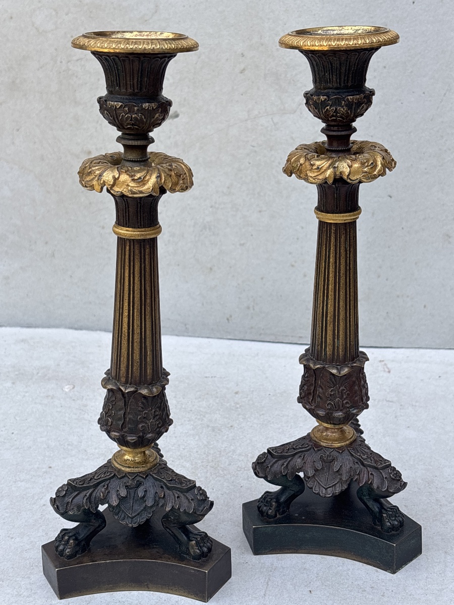Pair Of Empire-style Candlesticks, Circa 1830. Converted Into Lamps