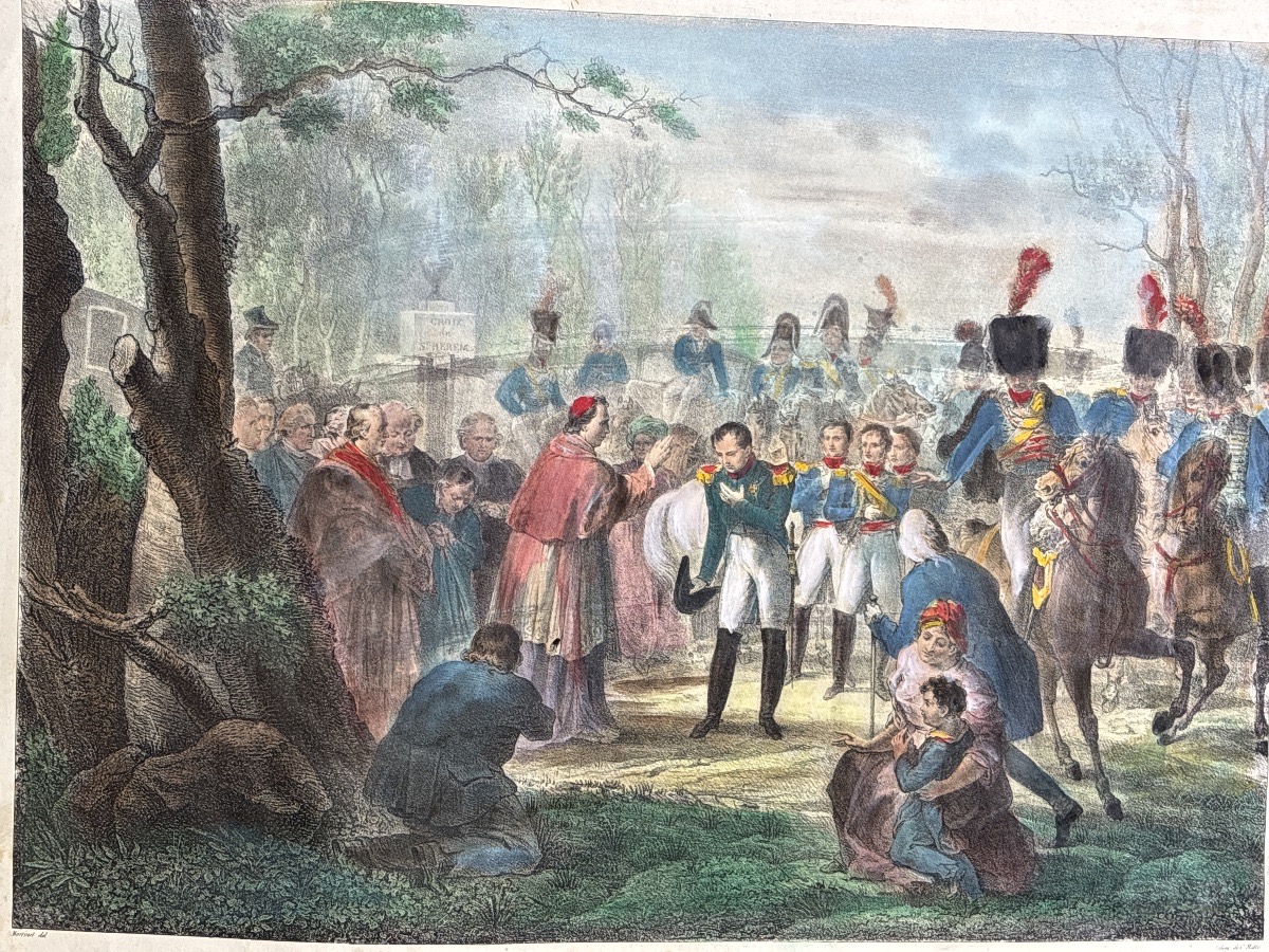 Charles Motte (1784-1836) Lithographie Napoléon Fontainebleau  Pape Pie VII-photo-2