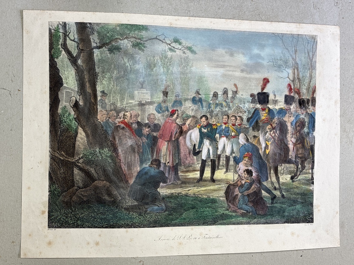 Charles Motte (1784-1836) Lithographie Napoléon Fontainebleau  Pape Pie VII-photo-2