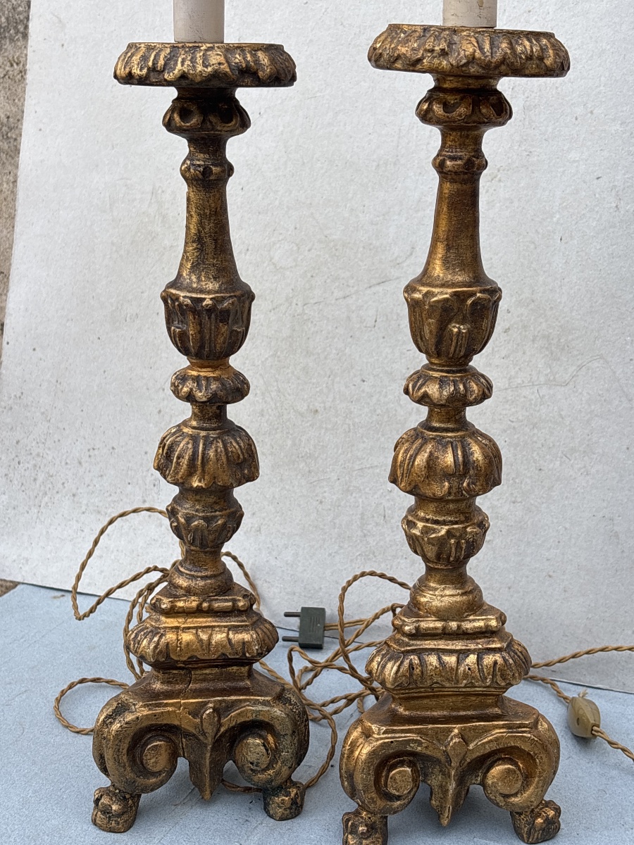 Pair Of 18th-century Gilded Wooden Candlesticks Converted Into Lamps -photo-2