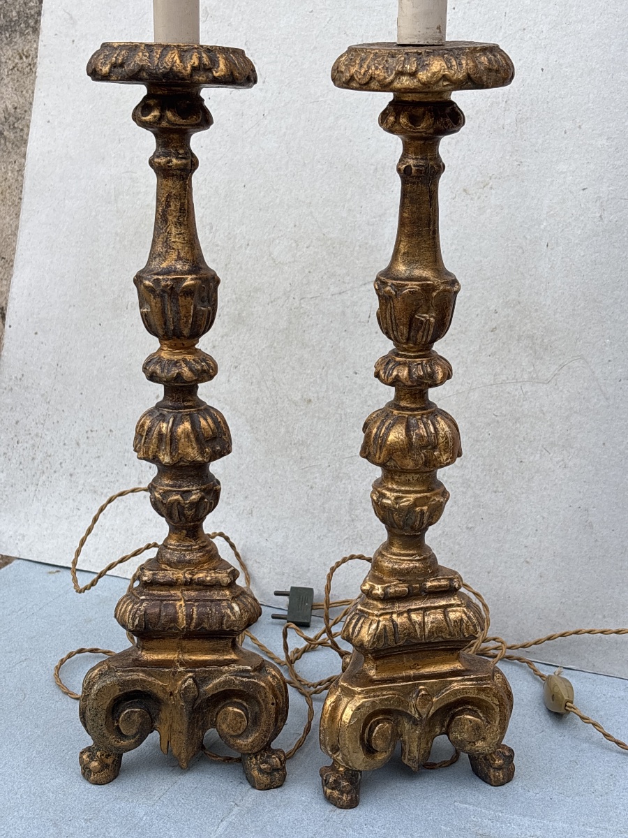 Pair Of 18th-century Gilded Wooden Candlesticks Converted Into Lamps -photo-3