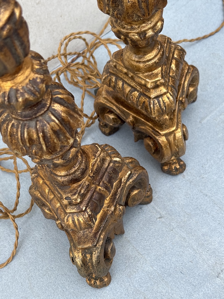 Pair Of 18th-century Gilded Wooden Candlesticks Converted Into Lamps -photo-1