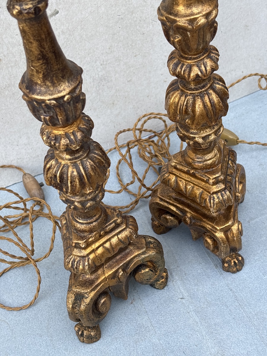 Pair Of 18th-century Gilded Wooden Candlesticks Converted Into Lamps -photo-2