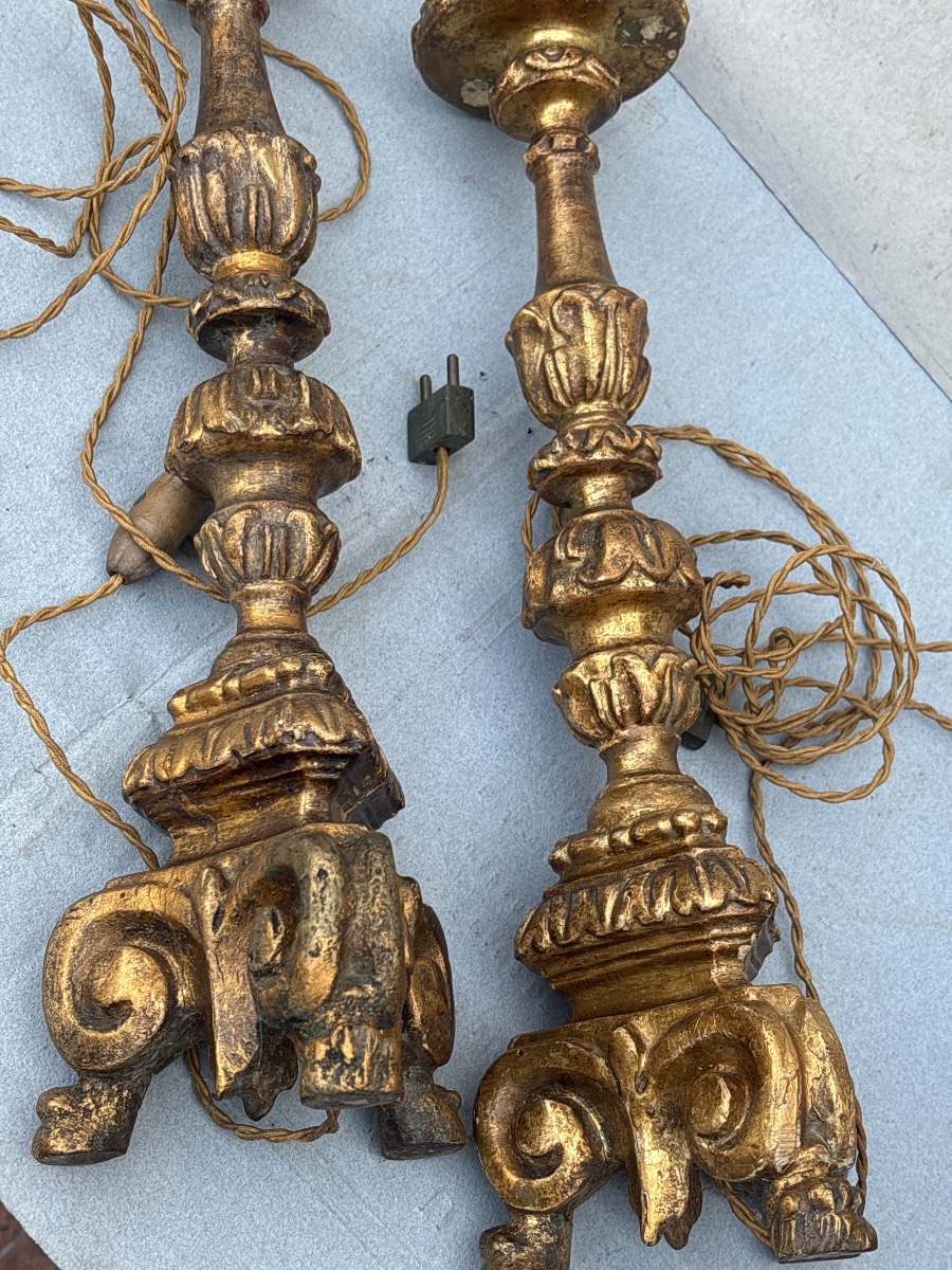 Pair Of 18th-century Gilded Wooden Candlesticks Converted Into Lamps -photo-6