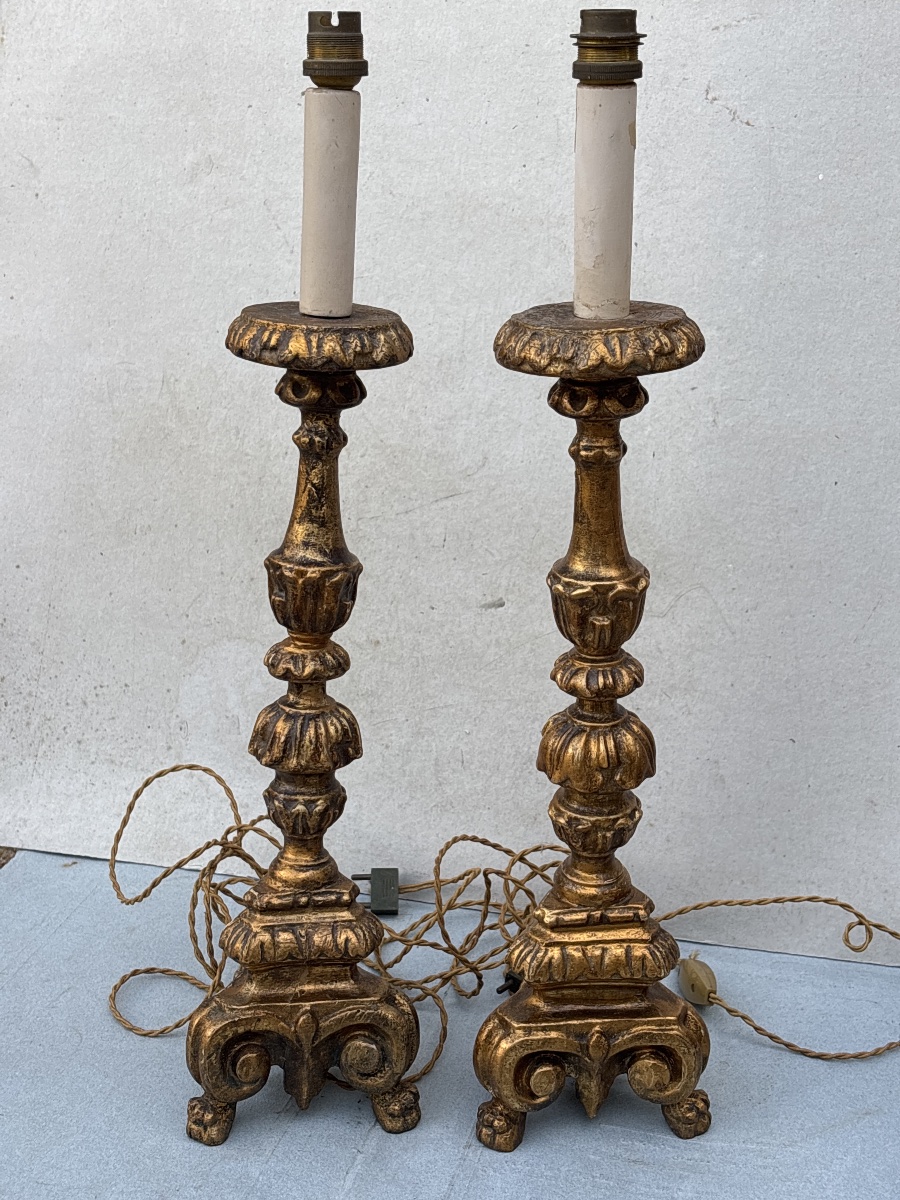 Pair Of 18th-century Gilded Wooden Candlesticks Converted Into Lamps 