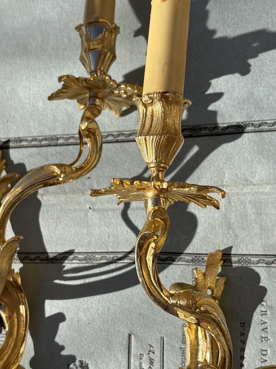 Paire Appliques Bronze Doré Louis XV vers 1900-photo-4