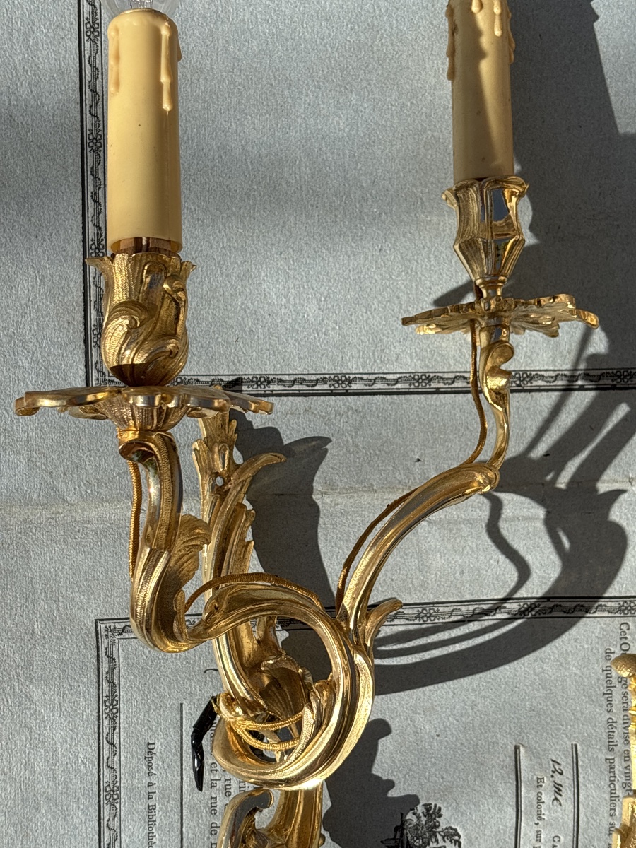 Paire Appliques Bronze Doré Louis XV vers 1900-photo-1