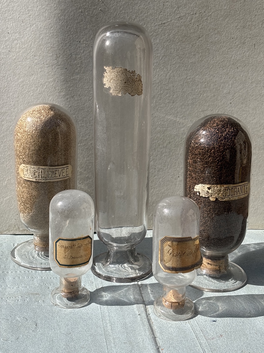 Five 19th-century Upside-down Apothecary Glass Jars 