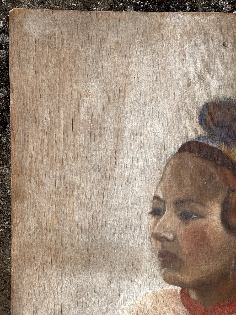 Large Portrait Of An Oriental Woman On Panel, Circa 1950 -photo-3