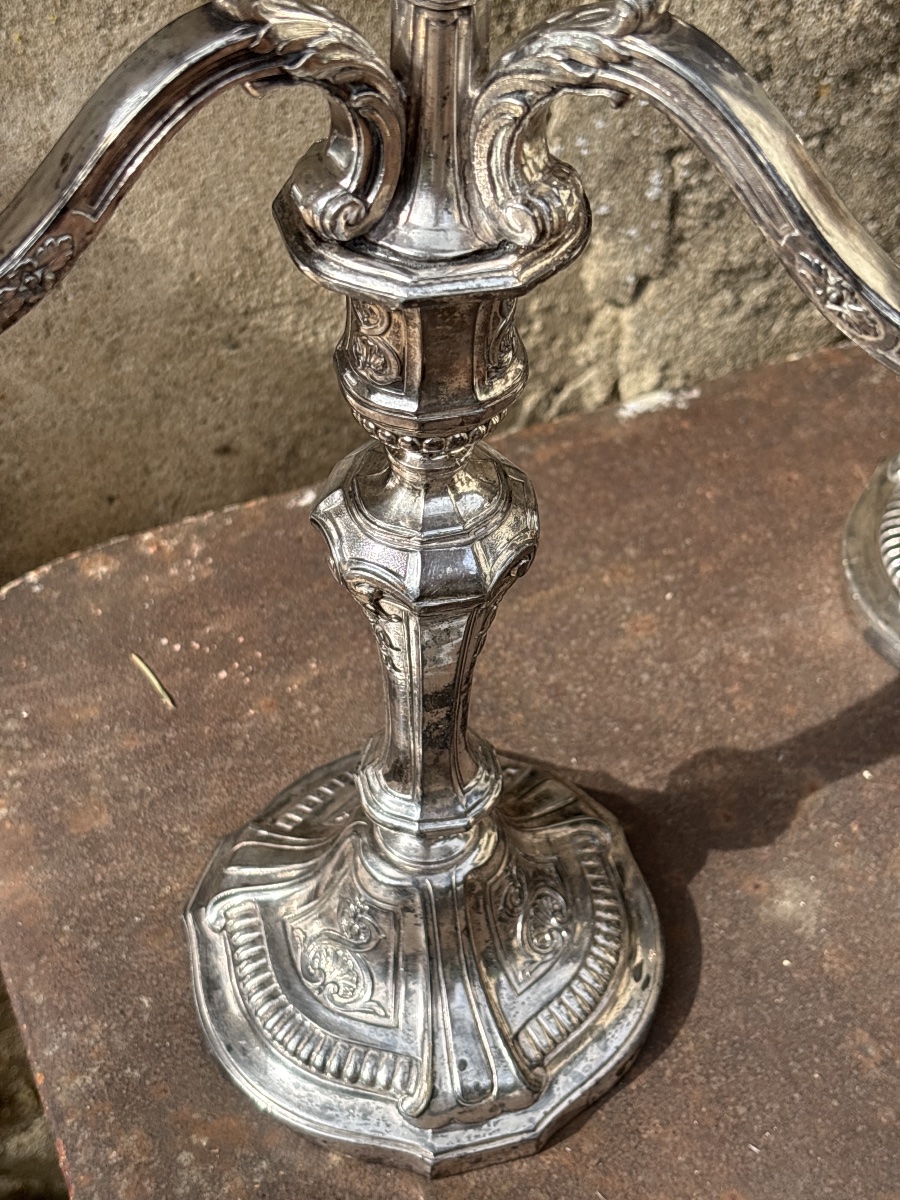 Grande Paire Candélabres Chandeliers Metal Argenté -photo-2