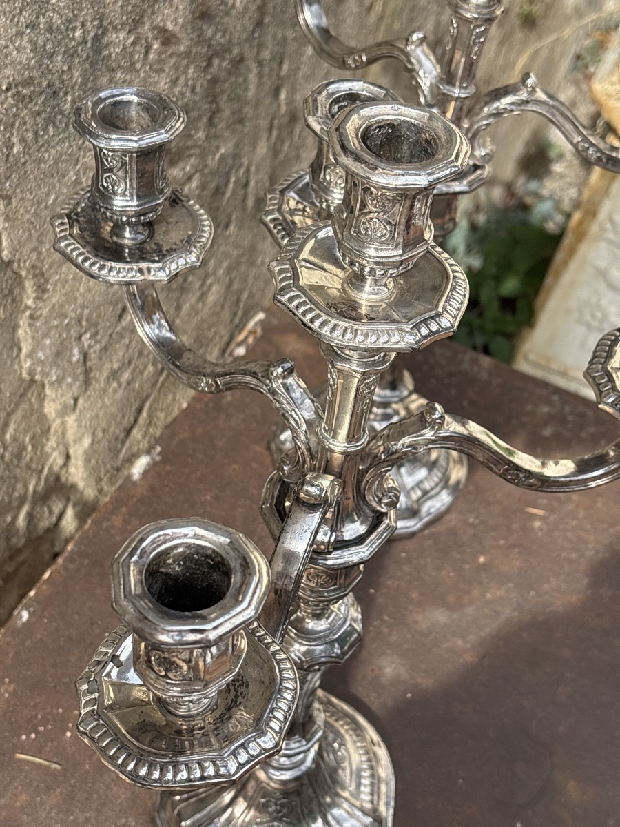 Grande Paire Candélabres Chandeliers Metal Argenté -photo-3
