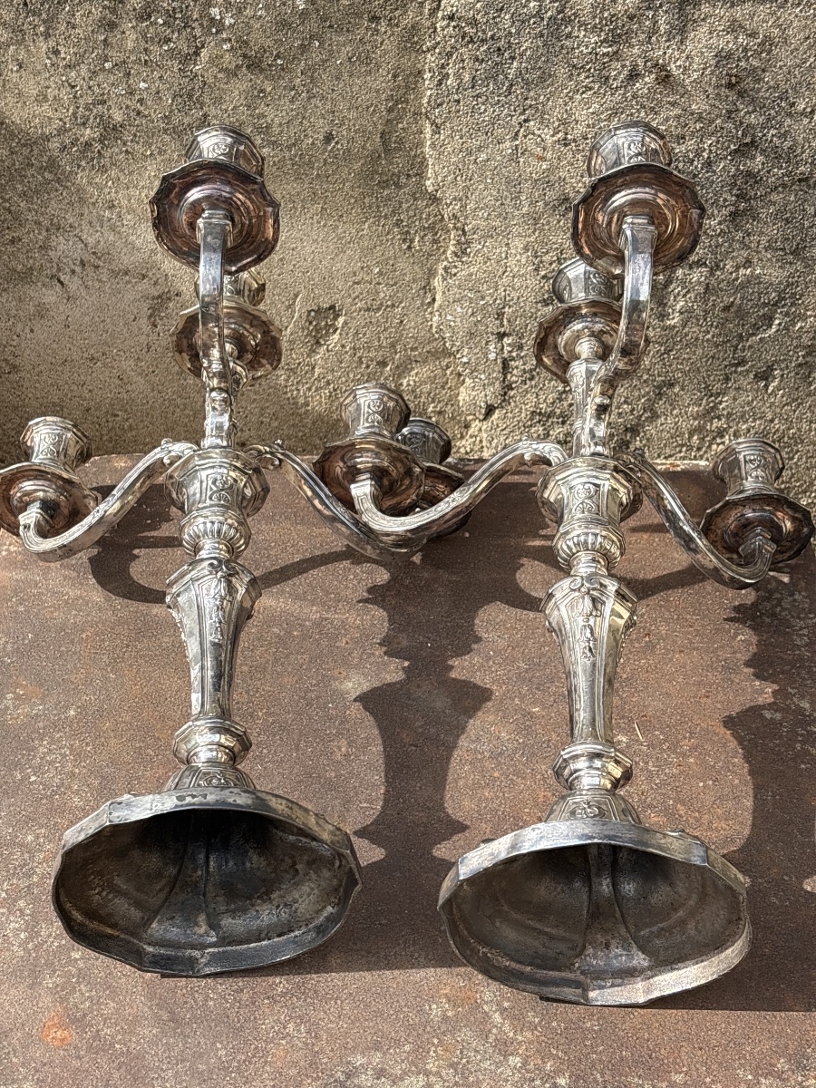 Grande Paire Candélabres Chandeliers Metal Argenté -photo-4